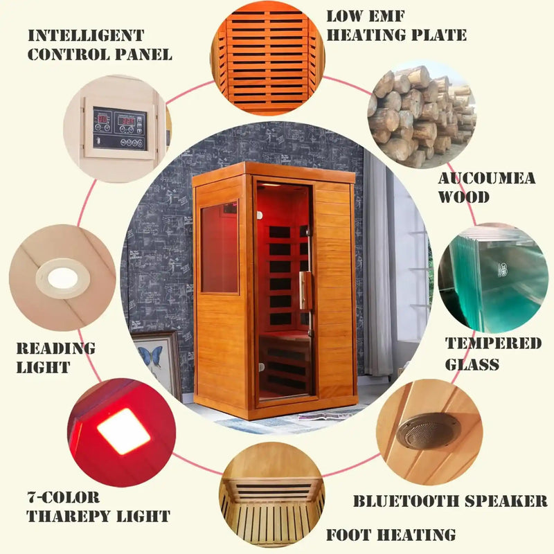 Mini Infrared Dry Sauna with Red Light Therapy 1-Person Indoor Wooden Sauna 6 Low-EMF Carbon Panels 1120W Tempered Glass