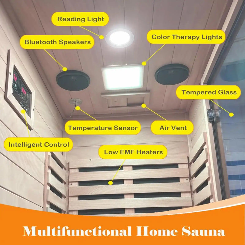 Mini Infrared Dry Sauna with Red Light Therapy 1-Person Indoor Wooden Sauna 6 Low-EMF Carbon Panels 1120W Tempered Glass