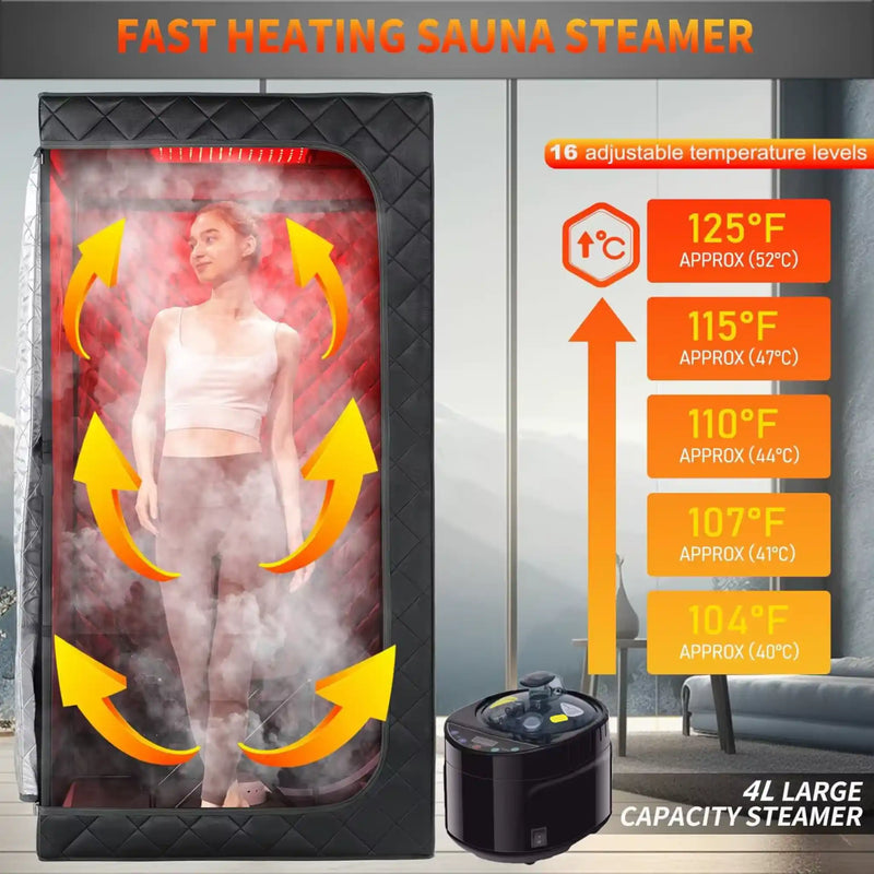 2-in-1 Portable Infrared Steam Sauna with 660nm Red Light Therapy 4L Steamer 1100W Folding Chair Full Body Home Spa
