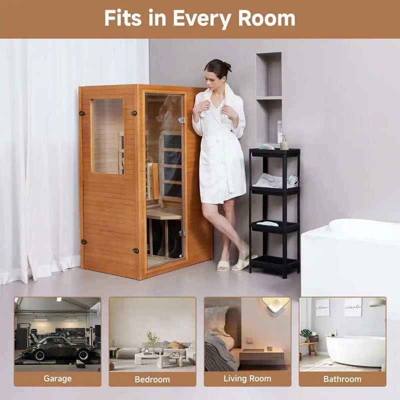1-Person Far Infrared Sauna Canadian Hemlock Indoor Home Sauna 950W Low-EMF Mica Panels Transom Windows Dry Steam 110V