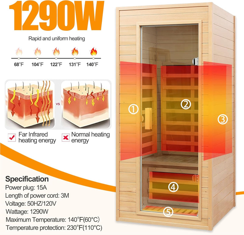 Far Infrared Sauna, 1 Person Infrared Sauna, Canadian Hemlock Wood 1290W Low-Emf Infrared Saunas for Home with Bluetooth Speakers, Reading Lamp