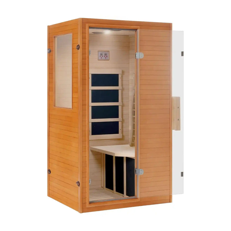 1-Person Far Infrared Sauna Canadian Hemlock Indoor Home Sauna 950W Low-EMF Mica Panels Transom Windows Dry Steam 110V