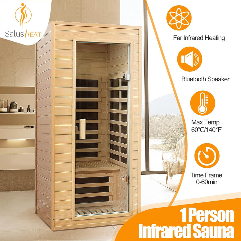 Far Infrared Sauna, 1 Person Infrared Sauna, Canadian Hemlock Wood 1290W Low-Emf Infrared Saunas for Home with Bluetooth Speakers, Reading Lamp