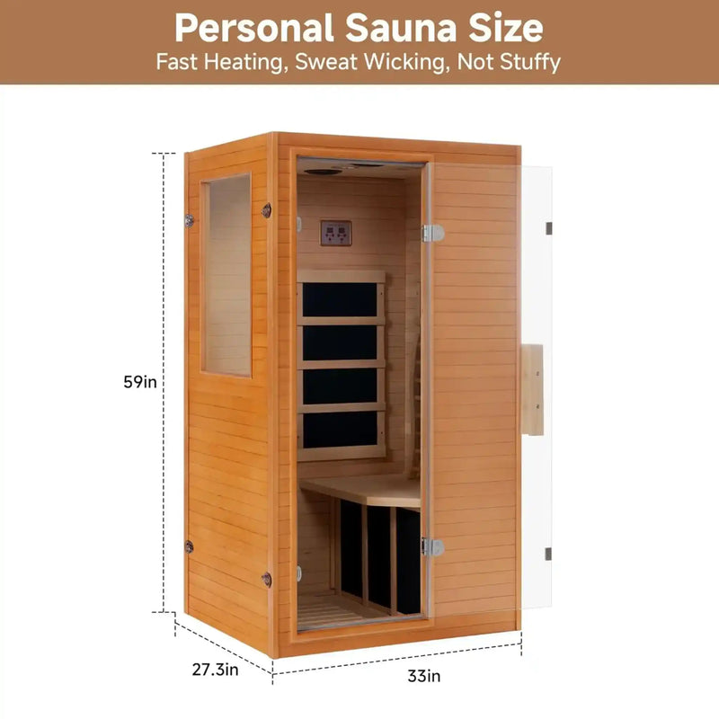 1-Person Far Infrared Sauna Canadian Hemlock Indoor Home Sauna 950W Low-EMF Mica Panels Transom Windows Dry Steam 110V