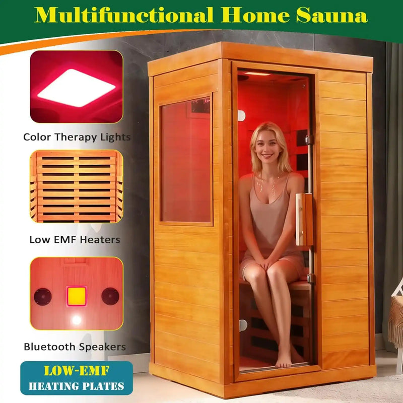 Mini Infrared Dry Sauna with Red Light Therapy 1-Person Indoor Wooden Sauna 6 Low-EMF Carbon Panels 1120W Tempered Glass