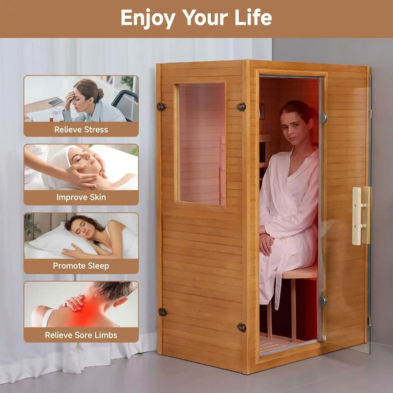 1-Person Far Infrared Sauna Canadian Hemlock Indoor Home Sauna 950W Low-EMF Mica Panels Transom Windows Dry Steam 110V