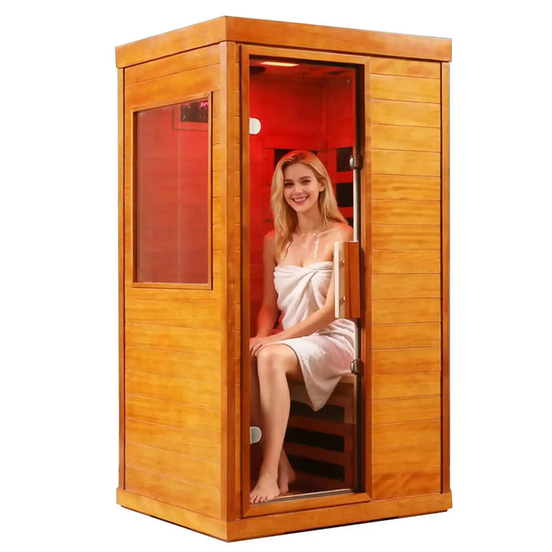 Mini Infrared Dry Sauna with Red Light Therapy 1-Person Indoor Wooden Sauna 6 Low-EMF Carbon Panels 1120W Tempered Glass