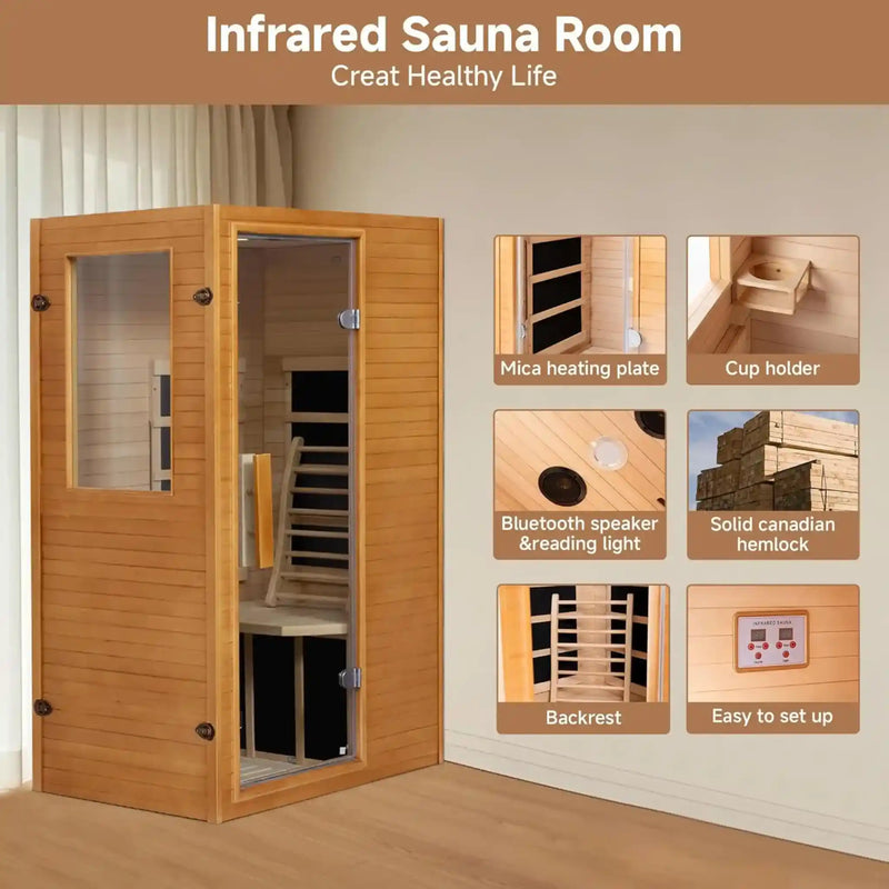 1-Person Far Infrared Sauna Canadian Hemlock Indoor Home Sauna 950W Low-EMF Mica Panels Transom Windows Dry Steam 110V
