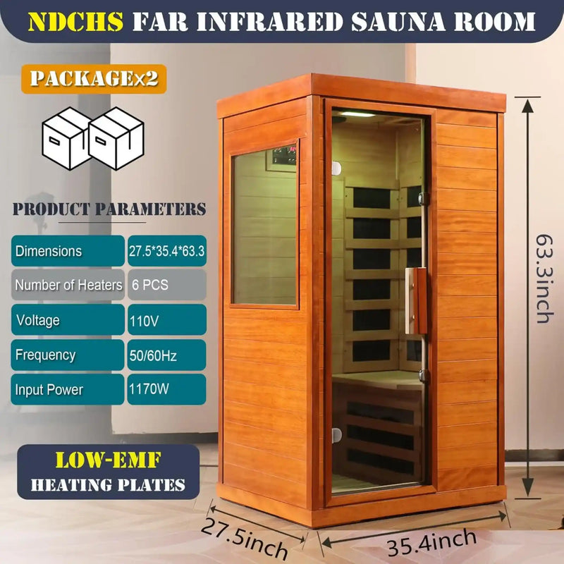 Mini Infrared Dry Sauna with Red Light Therapy 1-Person Indoor Wooden Sauna 6 Low-EMF Carbon Panels 1120W Tempered Glass