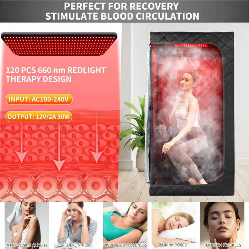 2-in-1 Portable Infrared Steam Sauna with 660nm Red Light Therapy 4L Steamer 1100W Folding Chair Full Body Home Spa
