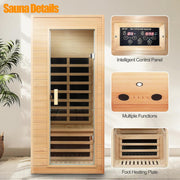 Far Infrared Sauna, 1 Person Infrared Sauna, Canadian Hemlock Wood 1290W Low-Emf Infrared Saunas for Home with Bluetooth Speakers, Reading Lamp