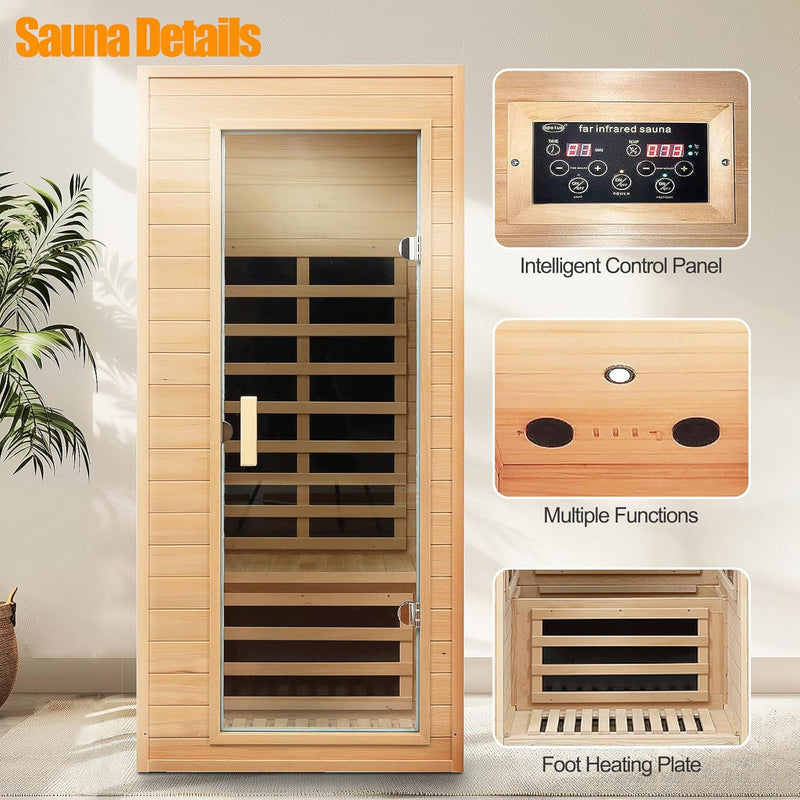 Far Infrared Sauna, 1 Person Infrared Sauna, Canadian Hemlock Wood 1290W Low-Emf Infrared Saunas for Home with Bluetooth Speakers, Reading Lamp