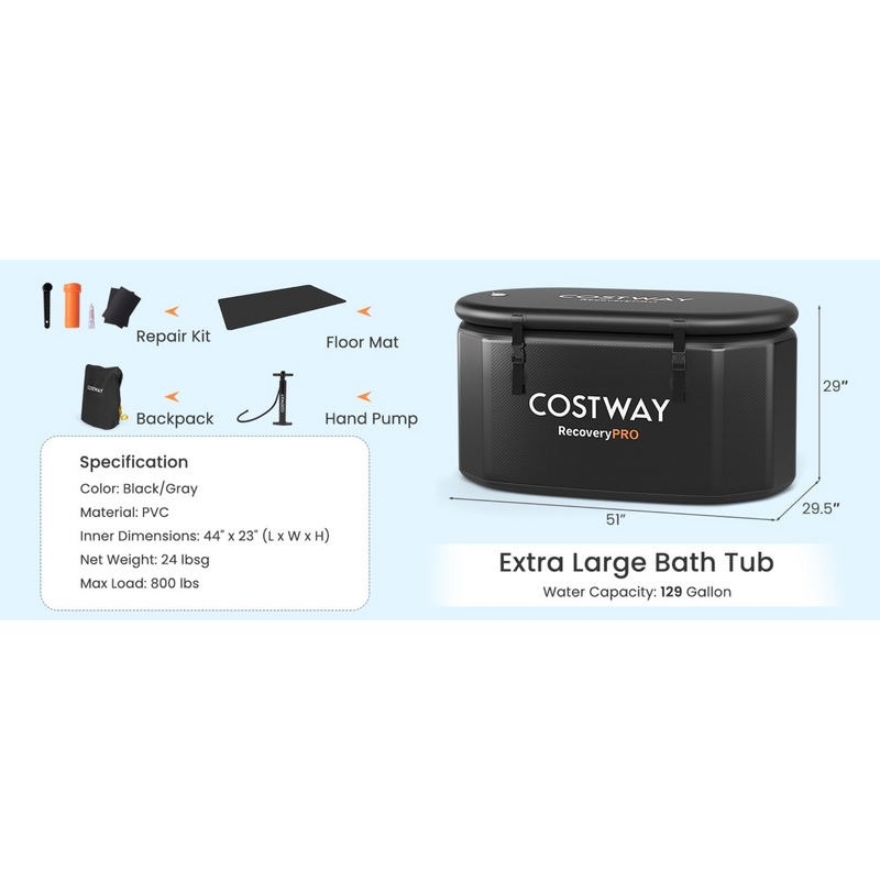 Costway 129-Gallon XL Oval Inflatable Ice Bath Tub with Insulated Cover Hand Pump and Backpack