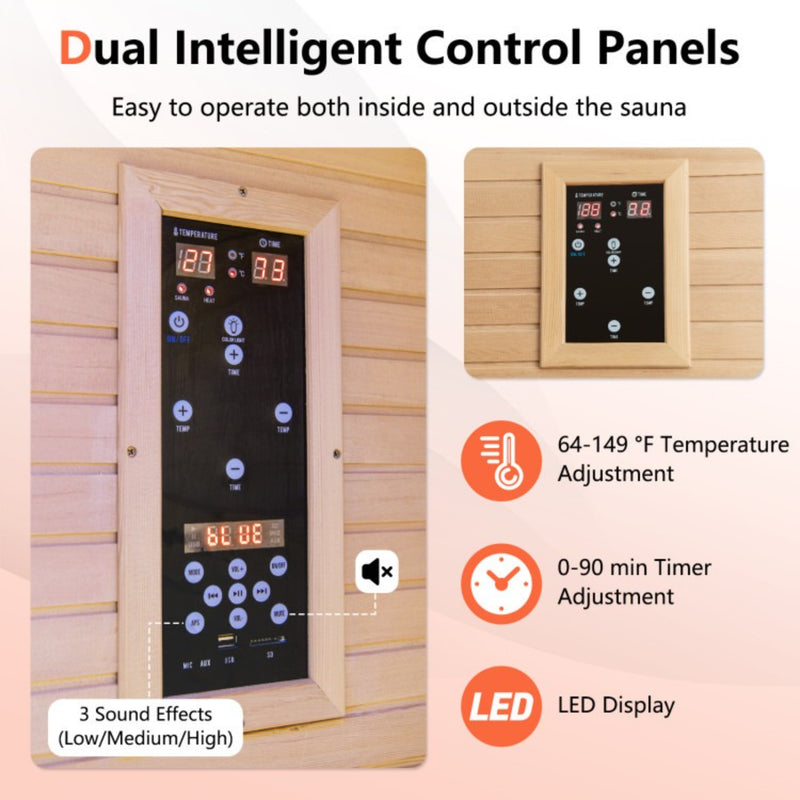 Costway 2 Person Far Infrared Wooden Sauna Room with Free Red Light Therapy for Home