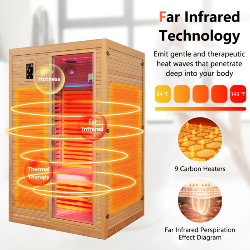 Costway 2 Person Far Infrared Wooden Sauna Room with Free Red Light Therapy for Home