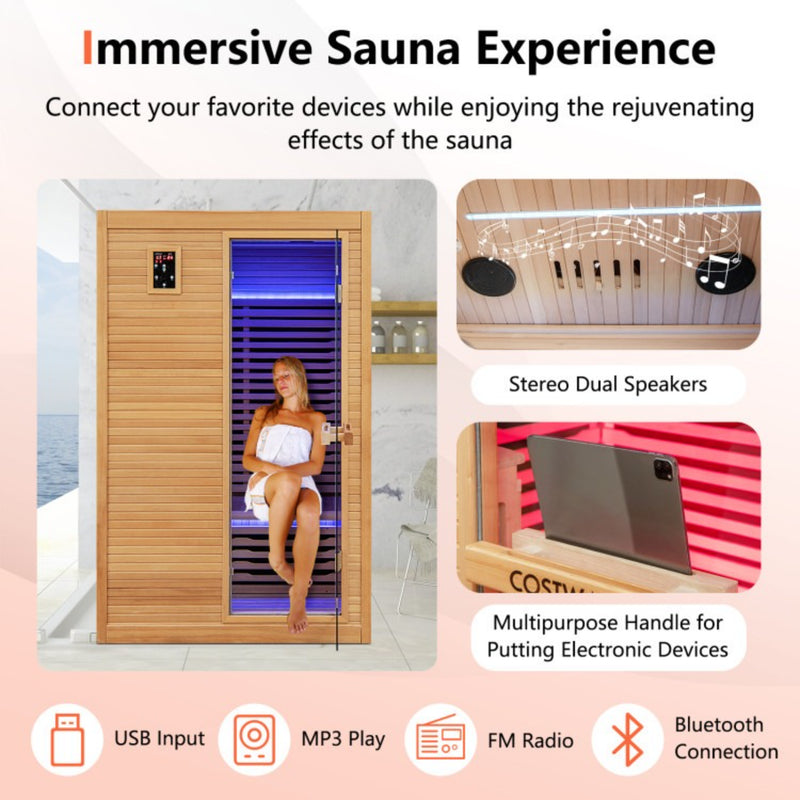 Costway 2 Person Far Infrared Wooden Sauna Room with Free Red Light Therapy for Home
