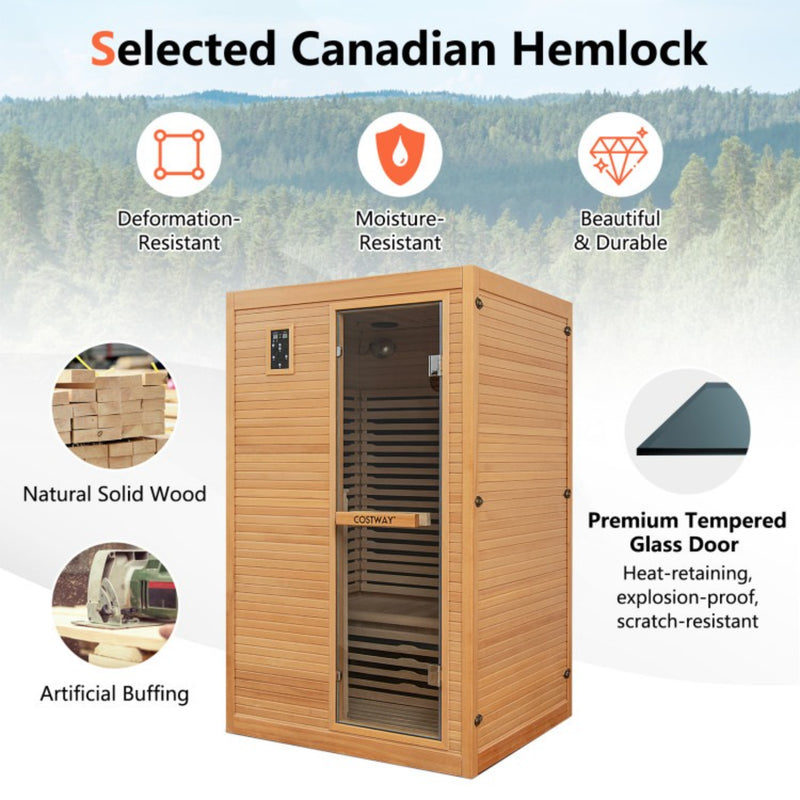 Costway 2 Person Far Infrared Wooden Sauna Room with Free Red Light Therapy for Home