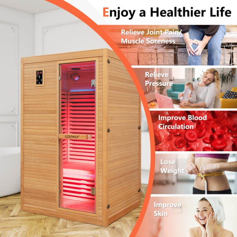 Costway 2 Person Far Infrared Wooden Sauna Room with Free Red Light Therapy for Home