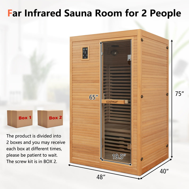 Costway 2 Person Far Infrared Wooden Sauna Room with Free Red Light Therapy for Home